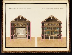 Sektion av föreställningssalen på sidan av teatern & Sektion av samma sal på sidan mitt emot teatern, från Compendium of Plans of the Petit Trianon av Richard Mique