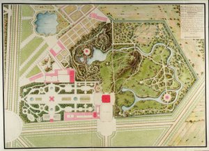 Plan över de franska och lantliga trädgårdarna i Petit-Trianon med massorna av byggnaden, från Recueil des plans du Petit Trianon av Richard Mique