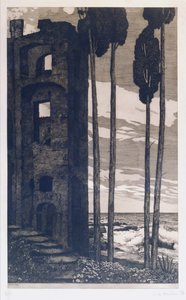 Ruiner vid havet (etsning  akvatint) av Richard Mueller