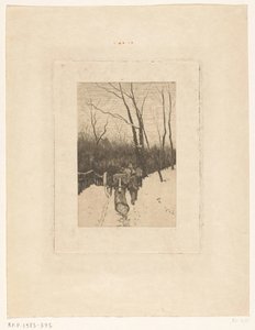 Hästar som drar en trädstam längs en snöig skogsstig av Richard Nicolaüs Roland Holst