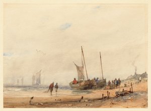 Kust med uppdragna båtar och figurer av Richard Parkes Bonington