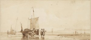 Fiskebåtar på sanden vid Normandies kust av Richard Parkes Bonington