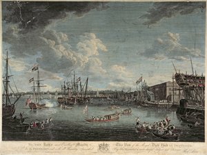 Utsikt över Royal Dock Yard i Deptford, graverad av William Woollett, publicerad 1 juli 1793 (färgad etsning)