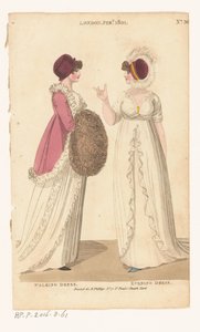 Magazine av kvinnligt mode i London och Paris. Nr 36. London febr. 1801: Gåklänning; Aftonklänning
