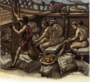 Galerians liv ombord på en grekisk galär i antiken. Illustration av Richard Ranft (1862-1931) 1909 av Richard Ranft