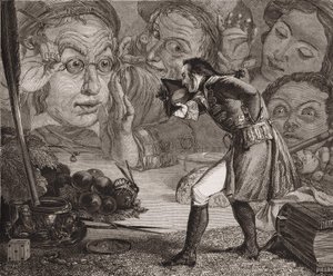 Jonathan Swifts Gulliver-resor. Gulliver ställde ut på ett bord till beundran för invånarna i Brobdingnag. Redgrave gravyr.