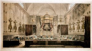 Vy över House of Lords, överhuset i Storbritanniens parlament. Gravyr av Rothwell. 1800-talets Parker Gallery, London