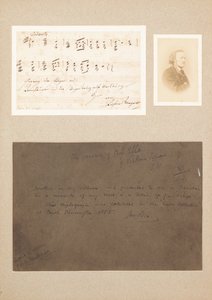 Autograf musikaliskt citat monterat med carte-de-visite fotografi av Wagner och en härkomstanteckning av Richard Wagner