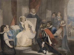 Drottning Elizabeth I tar emot nyheten om hennes syster Queen Marys död (färgakvatint)