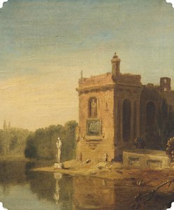 En sjö med en paviljong och en staty, Italien (olja på duk) av Richard Wilson