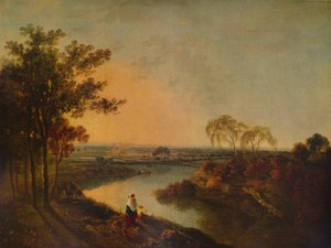 En engelsk flod vid solnedgången, i fjärran de walesiska kullarna, c1760, 1938 av Richard Wilson