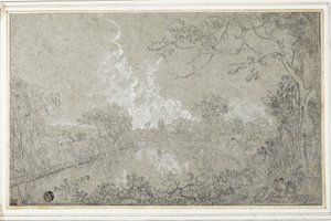 Banks of the River Dee nära Eaton Hall, Cheshire, ca 1759 (svartvit krita på blått papper, nedlagt på kort) av Richard Wilson