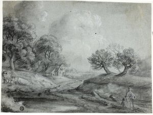Landskap med kvinna och kor (svart krita med stumpning, förhöjd med vit krita, på blått papper) av Richard Wilson