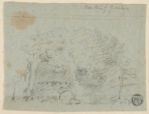Skiss av träd nära bro (recto); Skiss av byggnad (verso) av Richard Wilson