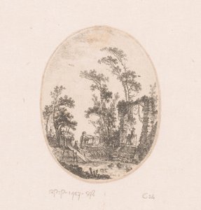 Ankdamm med några träd runt omkring Samling av vyer, landskap, antika fragment och historiska ämnen (serietitel) Recueil de griffonis, de vues, paysages, fragment antiques et sujets historiques (serietitel) av Richard de Saint Non