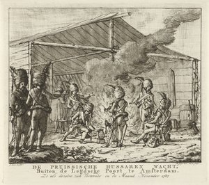 De preussiska husarerna väntar vid Leidse Poort i Amsterdam, 1787 De preussiska husarerna väntar, Utanför Leijdsche Poort i Amsterdam (...) (titel på objekt)