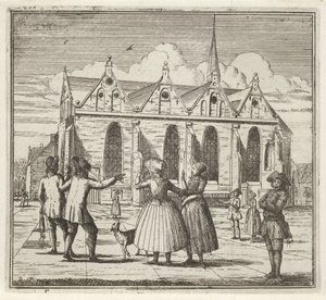 Män och kvinnor på ett torg nära Grote Kerk i Leeuwarden Vintern. (serietitel) Winter Scenes (serietitel)