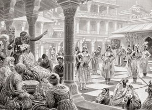 Akbar spelar pachisi eller chaupur med levande pjäser vid Fatehpur Sikri 1575, från Hutchinson