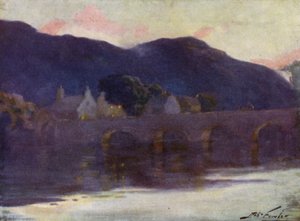 Bridge, Cwm-y-Glo, Kväll (färg litho) av Robert (after) Fowler