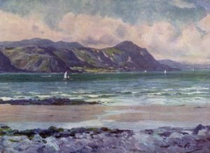 Avlägsen utsikt över Penmaenmawr, tidig morgonljus (färg litho)