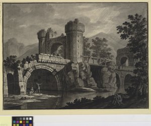 Arkitektonisk fantasi om en förstörd bro i ett landskap av Robert Adam
