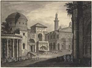 Arkitektonisk fantasi om en gammal stad med ett torg och många byggnader, några delvis i ruiner av Robert Adam