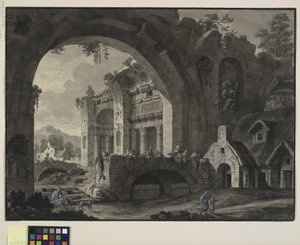 Arkitektonisk fantasi med ruiner av ett antikt bad och stugor av Robert Adam