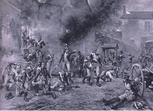 Försvaret av Hougoumont 18 juni 1815, illustration från brittiska striderna på land och hav, 1915