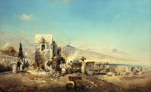 En neopolitansk by med Vesuvius i fjärran, 1889