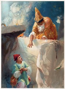 Aladdin och trollkarlen, illustration från "Once Upon a Time" publicerad av Ernest Mister, ca 1900 (lito i färg) av Robert Ambrose Dudley