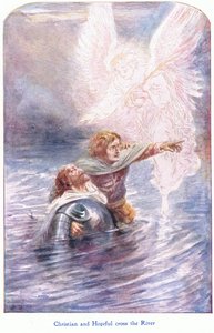 Kristna och hoppfulla korsar floden, från The Pilgrims Progress publicerad av John F Shaw & Co, c.1900-talet (färg litho)