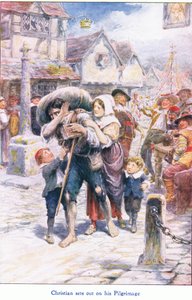 Christian ger sig ut på sin pilgrimsfärd, från The Pilgrims Progress publicerad av John F Shaw & Co, c.1900-talet (färg litho) av Robert Ambrose Dudley
