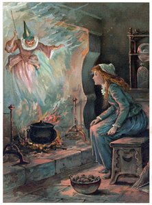 Askungen och gudmodern, illustration från "Once Upon a Time" publicerad av Ernest Mister, ca 1900 (lito i färg)