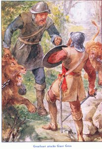 Great Heart attacks Giant Grim, från The Pilgrims Progress publicerad av John F Shaw & Co, ca 1900-talet (färg litho) av Robert Ambrose Dudley