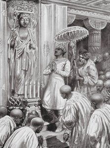 Kanishka inviger mahayana-buddhismen (nordlig buddhism), 100 e.Kr (litografi) av Robert Ambrose Dudley