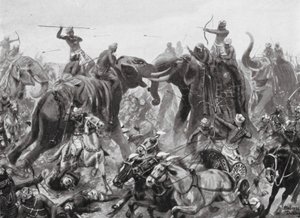 Pulikesin II Chalukhyas nederlag mot Mahamalla Pallava i Badami, 642 e.Kr. (litografi) av Robert Ambrose Dudley