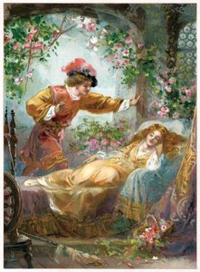 Prinsen hittar Törnrosan, illustration från "Once Upon a Time" publicerad av Ernest Mister, ca 1900 (färg litho)