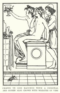 Kröna Gud Bacchus med en koronal, och mödomshinnan kröner också med kransar av vinrankor (litho)