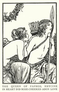 Drottningen av Paphos, Erycine, i hjärtat älskade rosekindad Adon (litho) av Robert Anning Bell