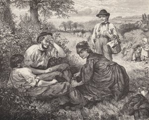 Lantarbetare vilar under skörden (gravyr) av Robert Barnes