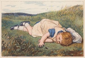 Flicka fascinerad av en skalbagge (färglitografi) av Robert Barnes