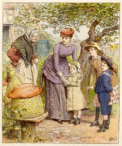 Mor och barn vid en bikupa, pub. 1854. av Robert Barnes