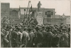 Den stora strejken för hamnarbetare vid East End: John Burns talar till männen som strejkar vid portarna till East and West India Docks av Robert Barnes