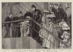 Öppnandet av den nya flygeln av sjukhuset för barn i Great Ormond Street av prinsen av Wales, presentation av plånböcker av barn till prinsessan av Wales av Robert Barnes