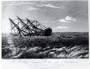 H.M. Pandora som går på grund, från "The Eventful History of the Munity and Piratical Seizure of H.M.S. Bounty: its cause and consequences" av John Barrow, publicerad av John Murray 1835. av Robert Batty