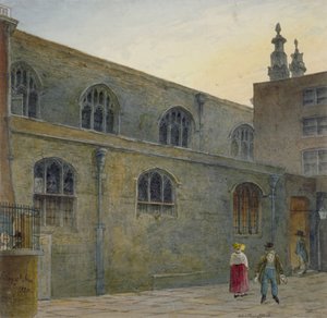 Norra sidan av Guildhall Chapel som visar ingången till Cutthroat Alley, City of London, 1820