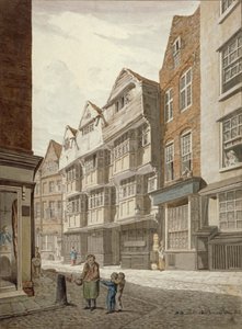 Sydvästlig vy av ett gammalt korsvirkeshus i Ship Yard, Westminster, London, 1815