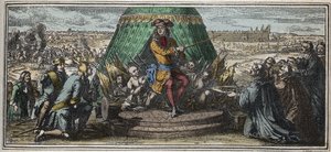 Byggandet av Les Invalides 1670 - Allegori om grunden av Hotel des Invalides - Ludvig XIV som visar sina gamla lemlästade soldater Hotel des Invalides under konstruktion gravyr av Robert Bonnart (1652-1729) av Robert Bonnard