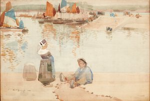 Figurer på hamnmuren, Bretagne (akvarell) av Robert Brough