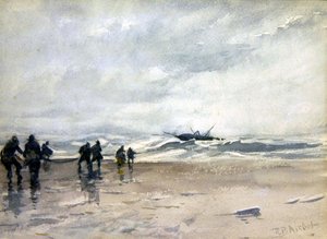 Fiskare som drar in en nödställd fiskebåt (akvarell på papper) av Robert Buchan Nisbet